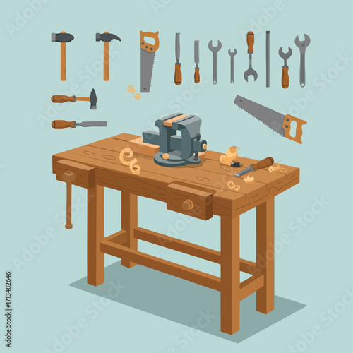 A comprehensive collection of essential woodworking hand tools neatly arranged around a sturdy wooden workbench with a robust vise, ready for crafting projects.