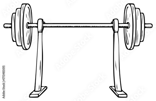 Hand drawn barbell with weight plates on a rack comic style vector illustration