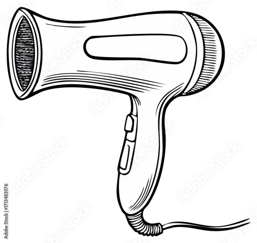 Line art illustration of a hair dryer showing outline and details