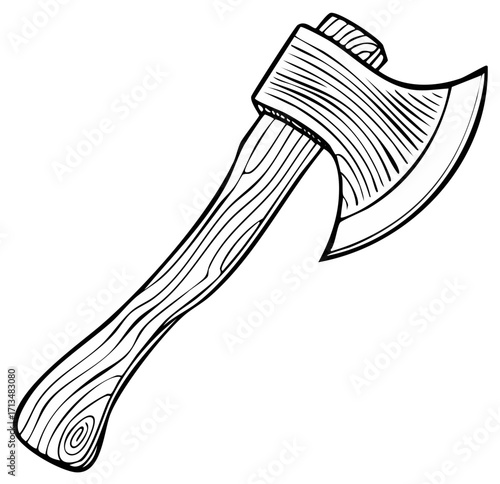 Detailed hand drawn axe in black and white, isolated, illustration