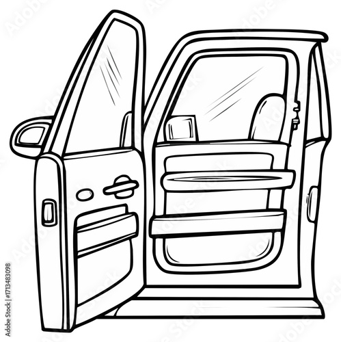 Open doors of car in line art style, vector illustration of automobile interior