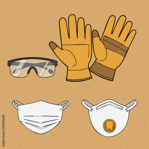 Work gloves, safety glasses, a medical face mask, and an N95 respirator are essential personal protective equipment for health and safety.
