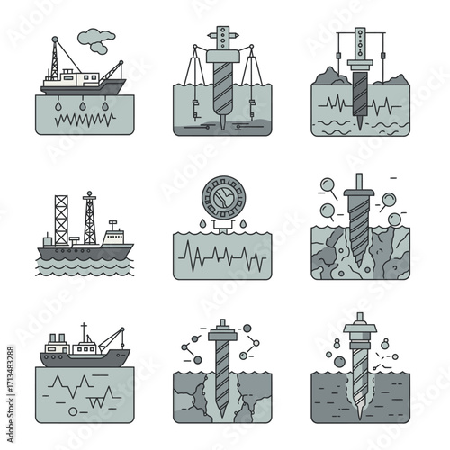 A modern vector icon set visually depicting essential processes of global oil and gas exploration, offshore drilling, and energy resource extraction technology.