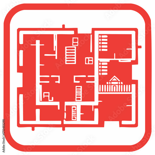 Bold red and white vector icon displaying a detailed house floor plan and architectural layout.