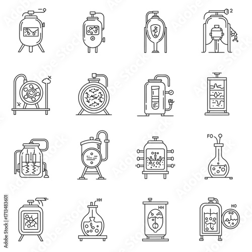 A curated set of line art icons depicting essential industrial and laboratory equipment, from advanced bioreactors to chemical tanks and fermentation vessels.