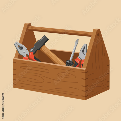 A sturdy wooden toolbox, meticulously crafted and filled with essential hand tools including a hammer, pliers, and a screwdriver, ready for any home repair task.