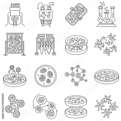 A comprehensive collection of outline vector icons depicting various essential processes, equipment, and elements within the fields of biotechnology and microbiology.