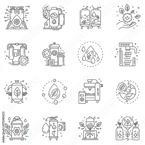 A comprehensive set of line art icons showcasing sustainable industrial processes, advanced water purification, and eco-friendly technology solutions.