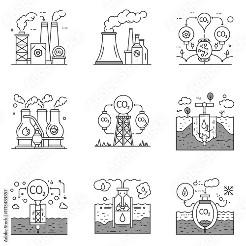 This collection of line art icons illustrates industrial carbon dioxide emissions, air pollution, and various carbon capture and storage solutions.