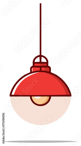 Retro red hanging pendant lamp with a glowing bulb and shadow isolated on white