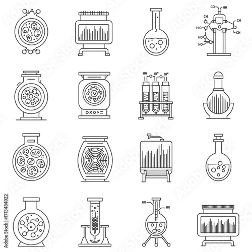 A collection of intricate line art icons representing various scientific and alchemical flasks, beakers, and laboratory apparatus for research and experimentation.