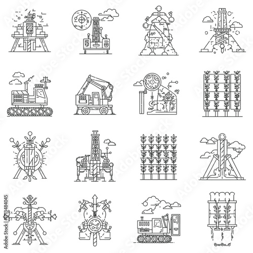 A versatile collection of detailed line art icons showcasing modern agricultural processes, industrial resource extraction, and symbolic growth, perfect for technology designs.