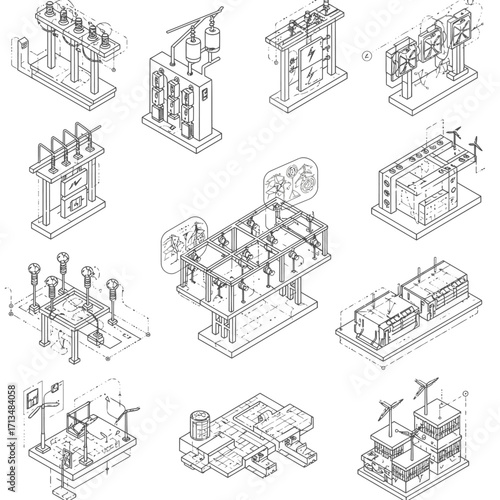 An intricate set of isometric line drawings illustrating diverse aspects of electricity production, grid technology, and renewable energy solutions.