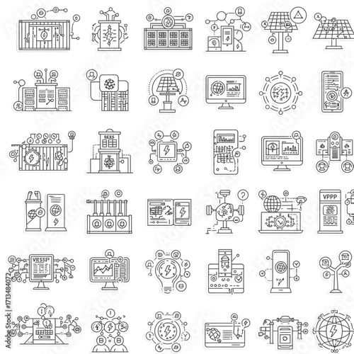 A comprehensive collection of modern line art icons illustrating advanced concepts in digital technology, finance, and sustainable energy solutions.
