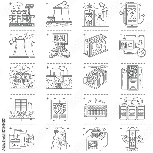 A comprehensive collection of line art icons illustrating various energy sources, power generation methods, and sustainable technologies for modern infrastructure.