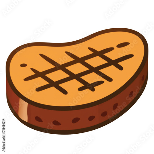A cartoon illustration of a grilled steak with distinct char marks, depicted in a simple, stylized art style.