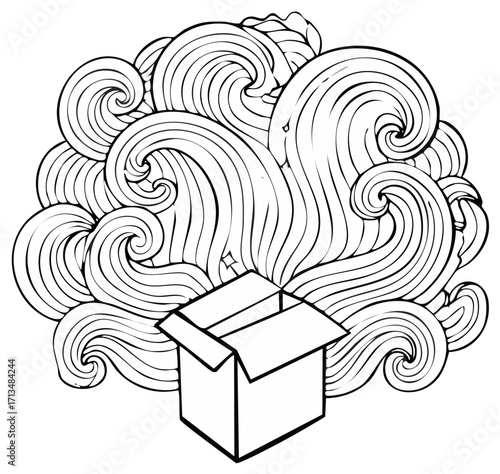 Open box escapes swirling lines, line art, surreal, vector, abstract concept. Imagination flowing out from inside, unboxing creativity.