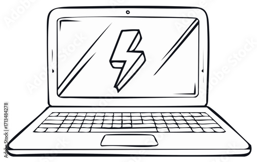 Hand Drawn Laptop with Lightning Bolt Screen Symbolizing Energy and Power