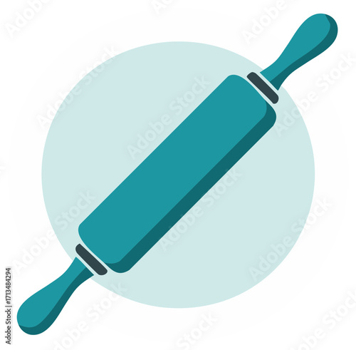 Turquoise rolling pin with handles on a light blue circle background isolated on white