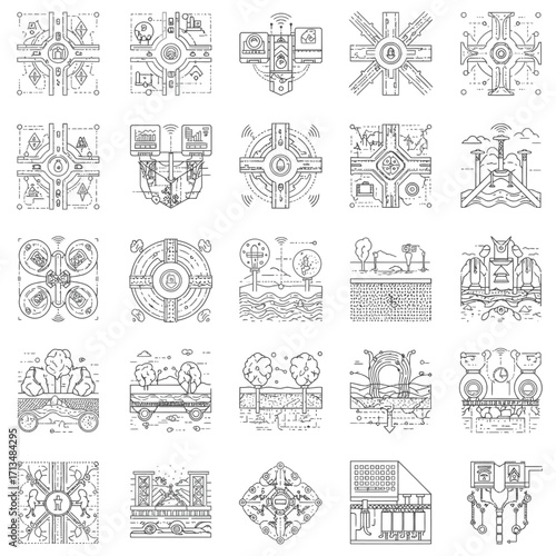 Intricate black and white line art icons, showcasing abstract geometric forms, technological symbols, and conceptual illustrations for digital projects.