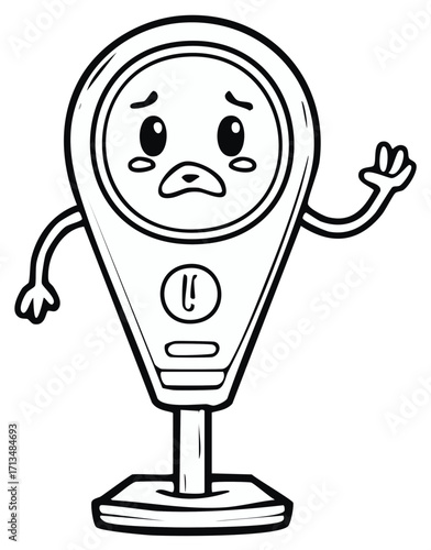 Distressed Map Marker Cartoon with Arms and Expression of Sadness waving