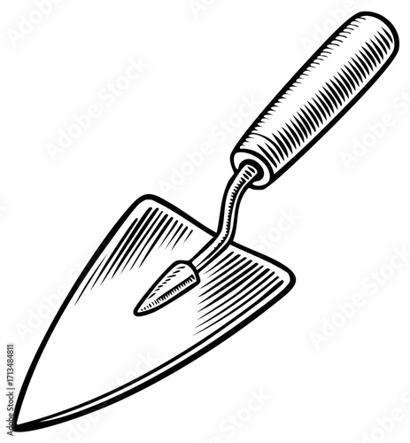 Illustration of trowel with handle for masonry work, bricklaying, or gardening applications on white background.