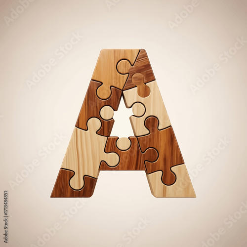 Wooden puzzle forming the letter A, with different wood tones.