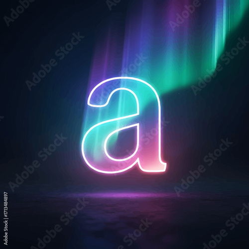 A glowing neon lowercase letter 'a' illuminated by an aurora borealis effect in a dark, atmospheric setting.