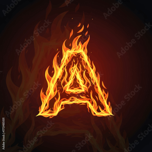 Burning letter A on a dark background, fiery alphabet symbol.