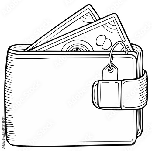 Simple black and white illustration of a wallet holding money and a price tag