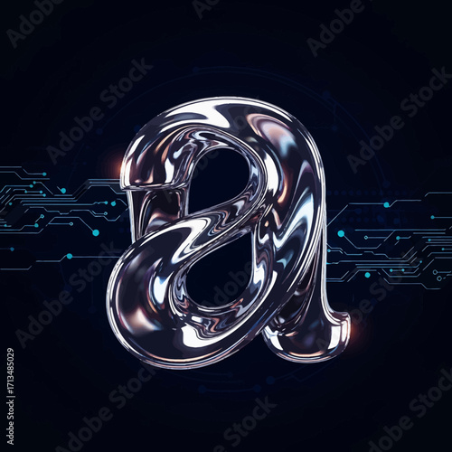 A glossy, reflective chrome letter 'a' with a liquid-like, twisted form, set against a dark, futuristic background with glowing blue circuit patterns.