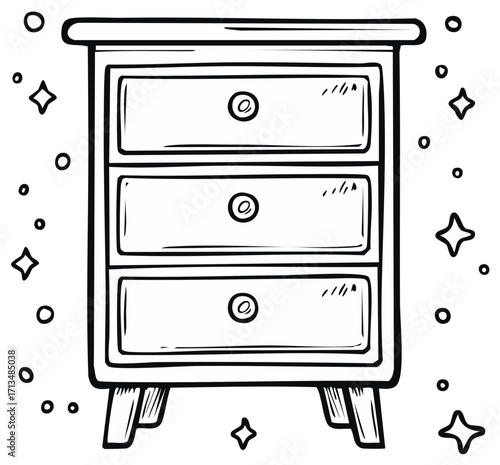 Doodle Style Nightstand with Three Drawers Surrounded by Stars and Circles