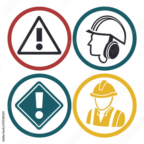 Safety First: A comprehensive visual guide to workplace safety, featuring four distinct circular icons highlighting essential protective measures and hazard warnings.