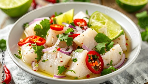 Vibrant and Fresh Fish Ceviche with Lime Chili and Cilantro.