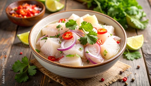 Delicious fresh fish ceviche with lime onion and chili in a bowl on a rustic wooden table.