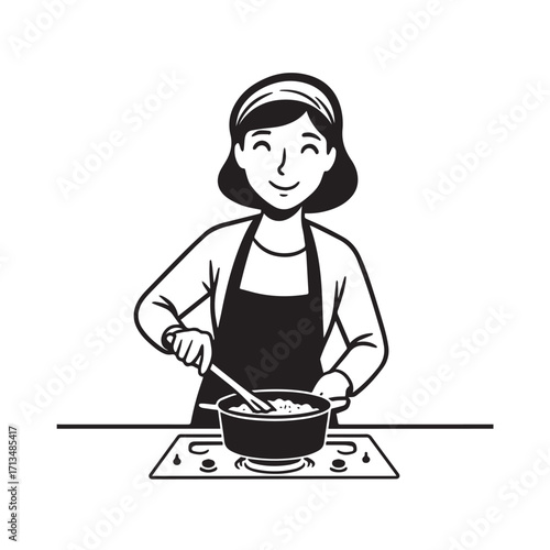 Black and White Vector Illustration of a Smiling Woman Cooking in Kitchen with Apron and Headband