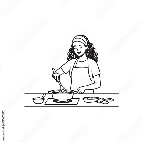 Black and White Vector Illustration of a Smiling Woman Cooking in Kitchen with Apron and Headband
