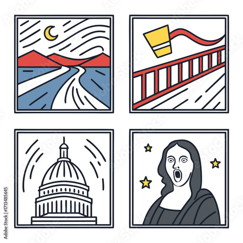 Illustrative Imagery Set: A collection of illustrated images features diverse art forms, encapsulating a variety of visual themes and compositions. Each image is presented within a defined frame.