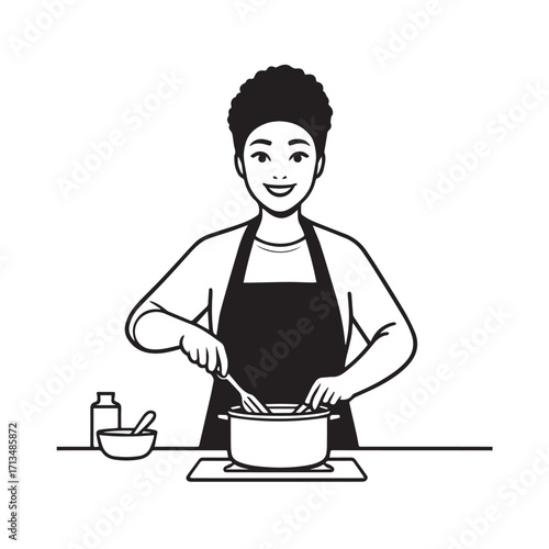 Black and White Vector Illustration of a Smiling Woman Cooking in Kitchen with Apron and Headband