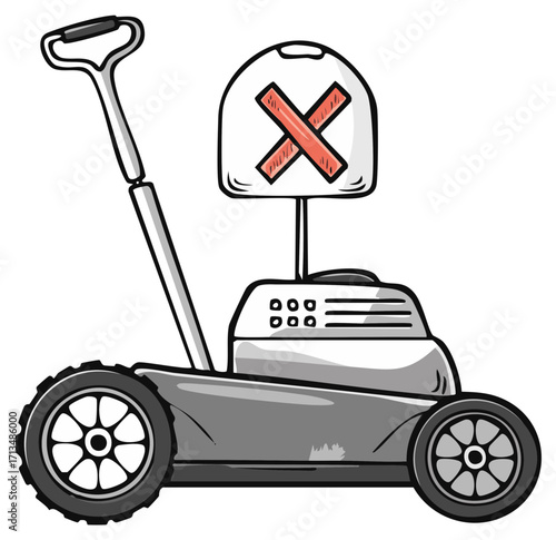 Lawnmower illustration with prohibition symbol graphic for concept of no mowing or lawn care