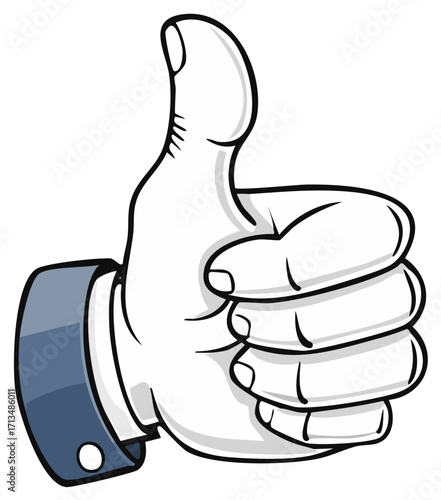 Cartoon hand gesturing a thumbs up sign of approval or like, showing agreement.