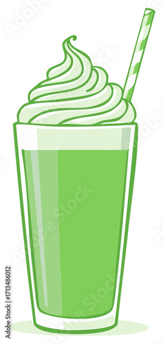 Refreshing Green Smoothie with Whipped Cream and Striped Straw in a Tall Glass