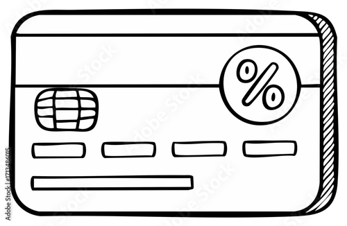 Hand drawn credit card with percentage symbol and chip graphic for finance and shopping