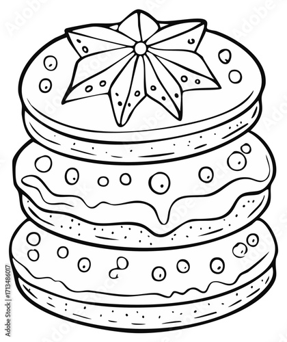 Stack of decorated cookies with star topping. Black and white outline.