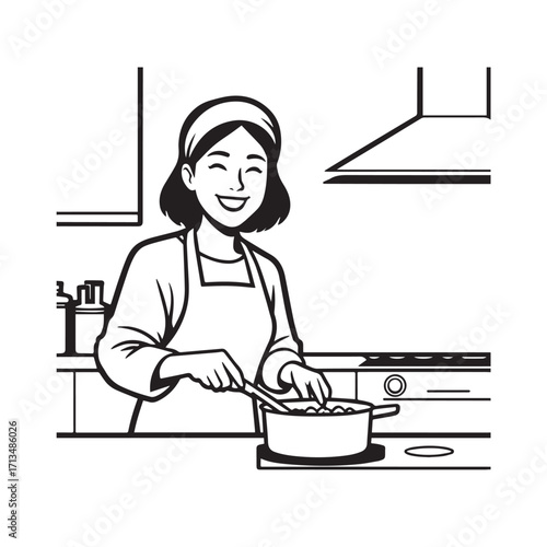 Black and White Vector Illustration of a Smiling Woman Cooking in Kitchen with Apron and Headband