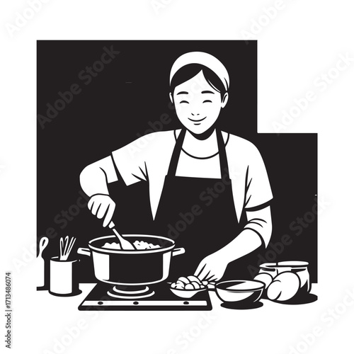 Black and White Vector Illustration of a Smiling Woman Cooking in Kitchen with Apron and Headband