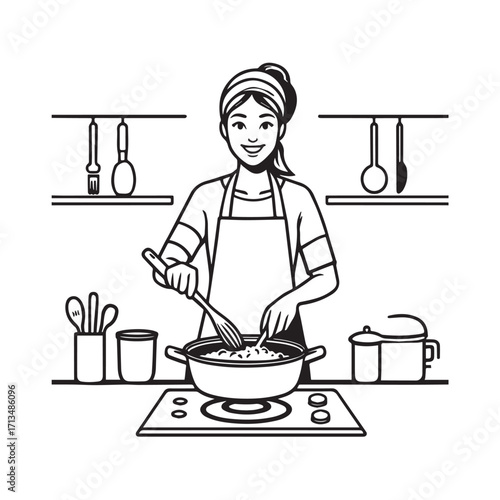 Black and White Vector Illustration of a Smiling Woman Cooking in Kitchen with Apron and Headband