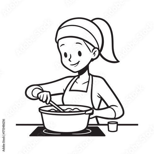 Black and White Vector Illustration of a Smiling Woman Cooking in Kitchen with Apron and Headband