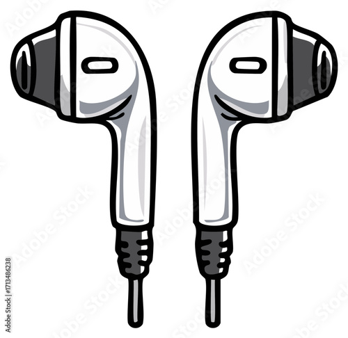 Modern white earbuds with black accents and wires isolated on white background