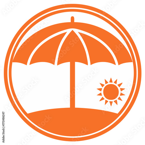 Orange summer beach icon with umbrella and sun vector graphic for vacation and sun protection concept